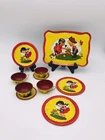 Vintage Tin Toy Tea Set Cups Saucers Tray Ohio Art Little Girl Dog Litho 10 Pc