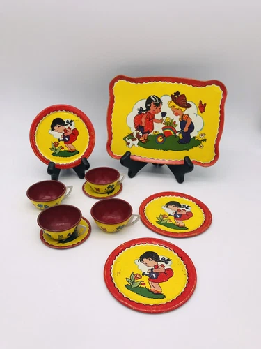 Vintage Tin Toy Tea Set Cups Saucers Tray Ohio Art Little Girl Dog Litho 10 Pc