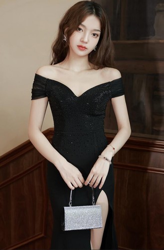Wunderschönes sexy schulterfreies Glanz Diamanten Bodycon Fischschwanzkleid Abendkleider - Bild 2 von 11