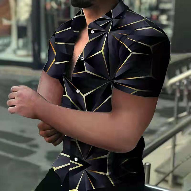 Button Down Shirt Men Fashion Black Short Sleeve Casual Fitness Geometric  Dress | eBay