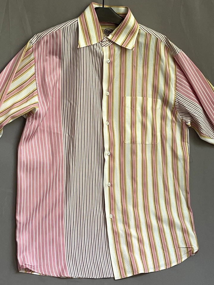 Camisa para hombre OLD SKOOL talla M rosa y amarillo a rayas puños franceses abotonados Foto 3 de 4