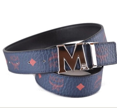 MCM Men Deep Blue M Logo Buckle Monogram Reversible Leather Belt