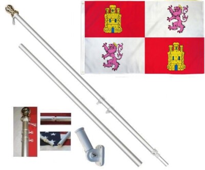 Castile & Leon 3 x 5 FT Flag + 6 Ft Silver Spinning Tangle Free Pole + Bracket