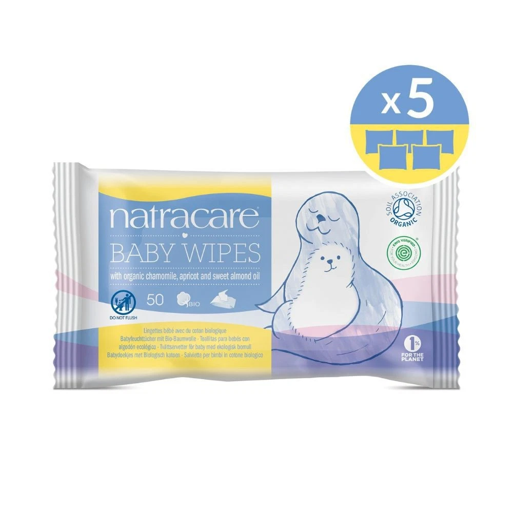 Natracare Organic Baby Wipes 5 x 50 Sensitive Skin Plastic Free Wet Wipes
