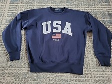 Polo Ralph Lauren Navy Blue Embroidered USA FLAG Fleece Crewneck Sweatshirt S/M