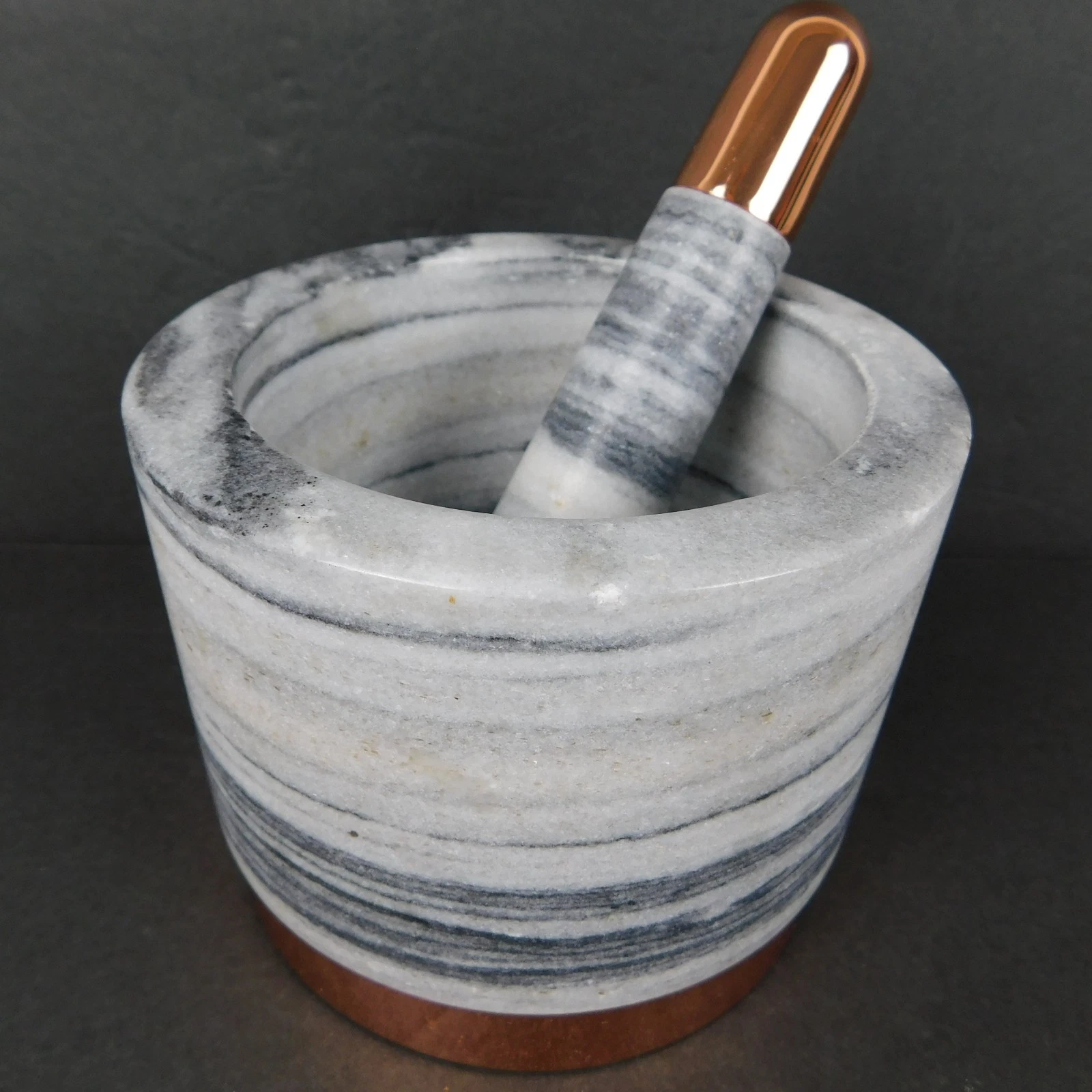 MORTAR AND PESTLE Gray Marble Stone and Rose Gold Tone Metal 4" Tall Herbs Medic