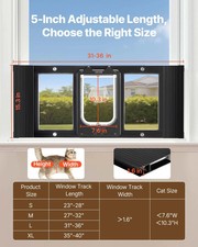 Cat Door for Window, Adjustable to Fit Window Width 31"-36", 4 Secure Lock Modes