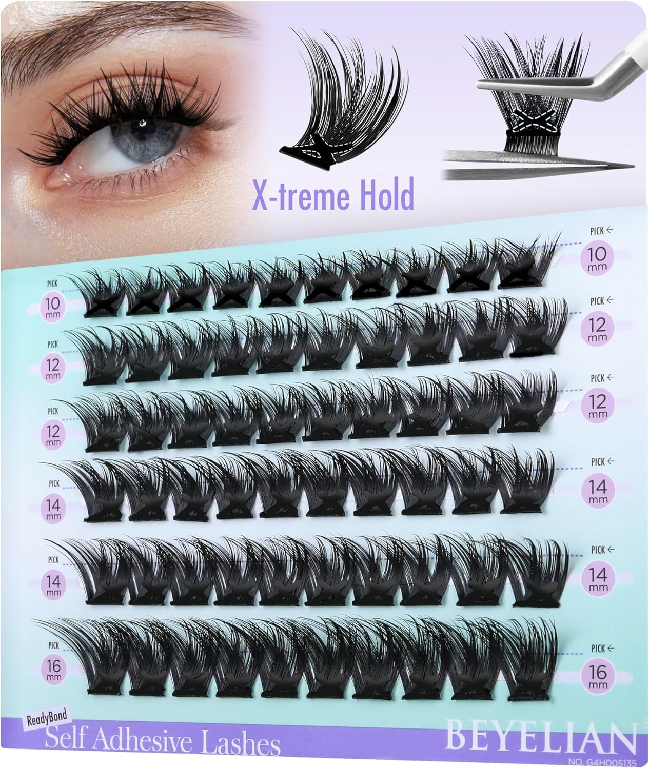 Self Adhesive Lash Clusters 60Pcs, Pre Glued Eyelashes Cluster D Curl 10-16Mm Pr