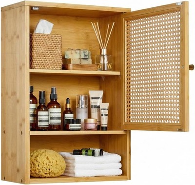 Farmhouse Rattan Wall Cabinet for Bathroom, 3-Tier Wood Storage with Woven Doors