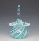 Vtg FENTON Aqua Blue Ribbed Optic Opalescent Swirl Glass Basket 8" Tall