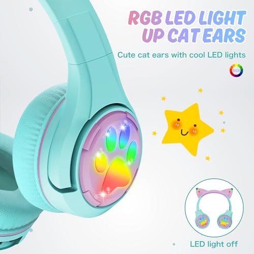 CF9 Cat Ear Kids Bluetooth Headphones with LED Light Up,Safe 85dB Volume - Picture 6 of 7
