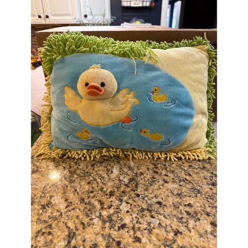 Green Design Plush Duck Nursery Pillow Yellow Blue Shaggy Fringe 15x10 Duckling