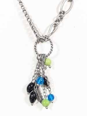 Boho Blue Green Bead Feather Tassel SIlver Tone Chain Necklace Boho Western 18''
