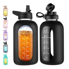 64 oz Glass Water Bottle Jug with Straw and Handle, Half Gallon Sports Motiva...