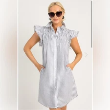 Melissa Nepton Sunset Royal Slub Stripe Cotton Linen Shirtdress Size SP