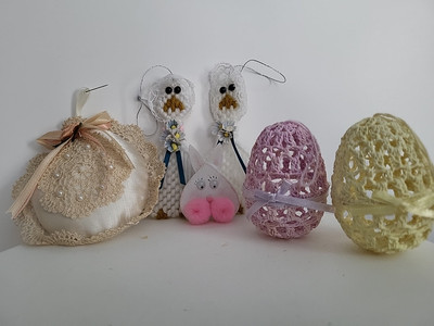 Easter Ornaments 2 Crochet Eggs 2 Croched Geese 1 Victorian Pillow 1 Easter Pin