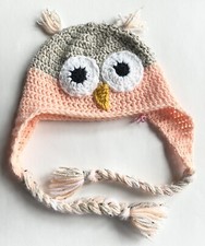 Child Girls BRAIDED OWL Eyes KNIT BEANIE WINTER HAT Peach Pink Beige