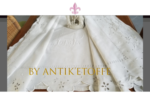Antik ’Barkcloth, Sheet Antique Linen, Embroidery Festoon Monogram LP, Days, - Picture 1 of 10