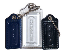 Three COACH Clear Resin Blue Glazed Leather Tag Fobs