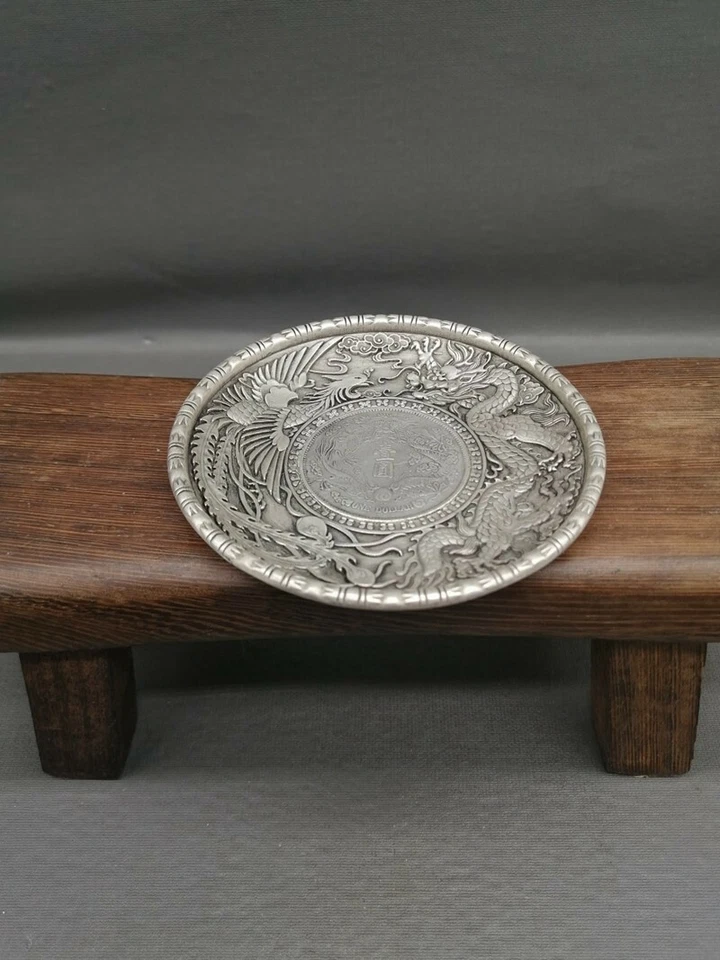 Plato Fénix Dragón Tallado a Mano Plata Antiguo Tíbet Chino 9Cm Foto 2 de 4