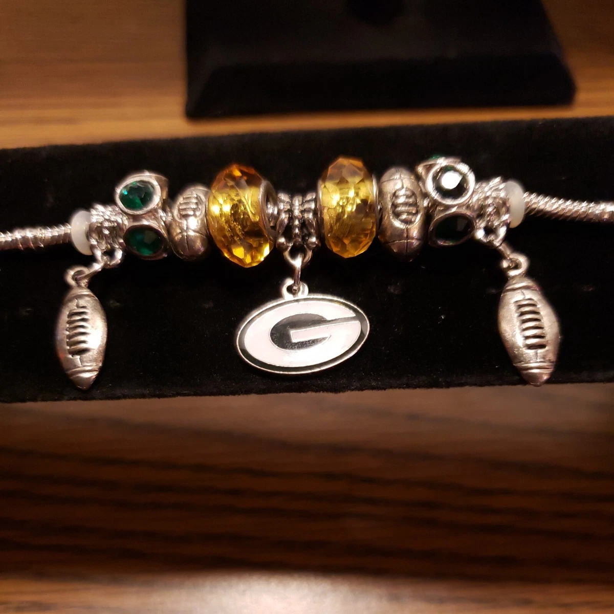 NFL Green Bay PACKERS Charm Bracelet Silvertone Football Beads Rhinestones NWOT