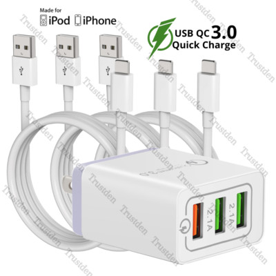 Power Adapter Block QC Fast Charger Cube For iPhone 14 13 12 11 XR 8 6 USB Cable