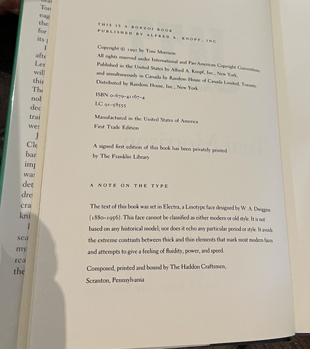 Toni Morrison JAZZ First Knopf 1992 Printing - Fine - Picture 2 of 3