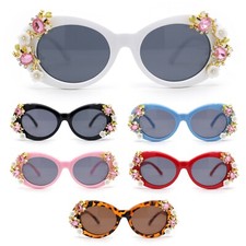 Womens Flower Vine Rhinestone Jewel Trim Oval Round Plastic Bling Sunglasses