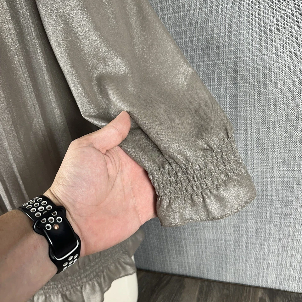 Ted Baker Emie Top Womens Size 4 S Silver Grey Pleated Ruffle Sheer 3/4 Sleeve - Image 4 of 4