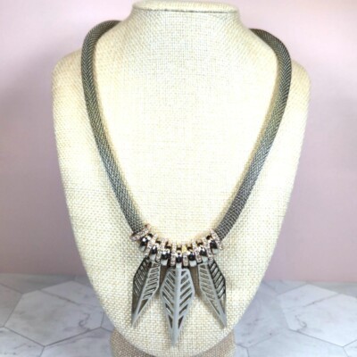 Rebecca Minkoff Silver Tone Mesh Rose gold Necklace Crystal Accent Leaf Pendants