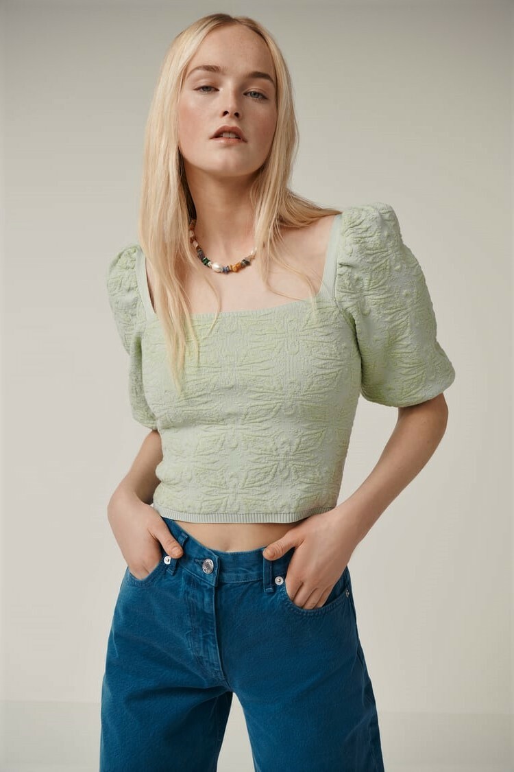 ZARA GREEN JACQUARD puff sleeves CROPPED TOP-M | eBay