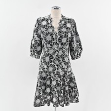BOSTON PROPER Embroidered Dress Sz 6 Black White Floral Puff Sleeve Flounce Hem