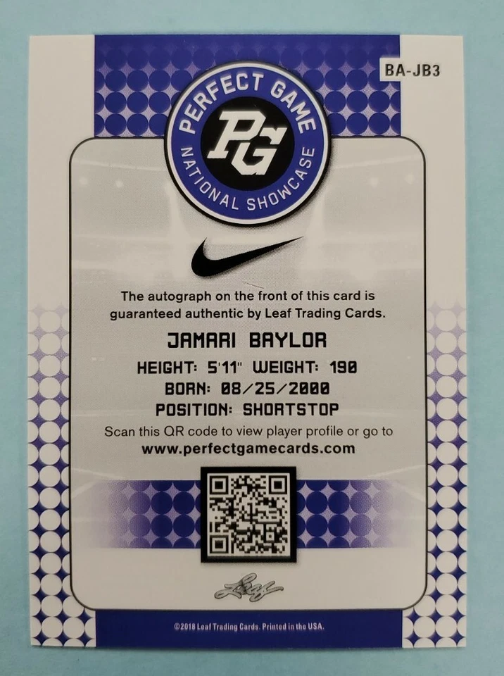 2018 Leaf Perfect Game Jamari Baylor Auto Yellow #BA-JB3 Card /25 - Image 2 of 2