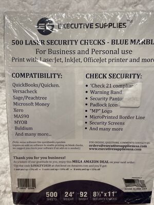 Executive Supplies 500 Laser Security Checks - Blue Marble Made In The USA