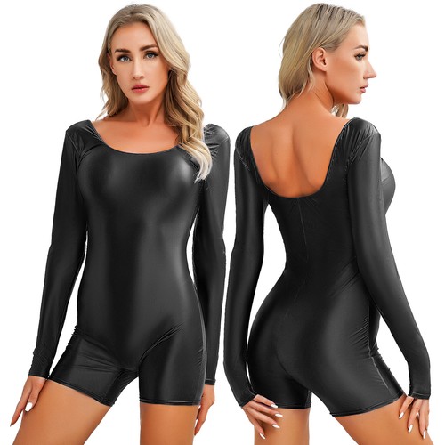 Womens Glossy Long Sleeve Bodysuit Stretchy Yoga Bodybuildings Short Jumpsuits - Afbeelding 4 van 79