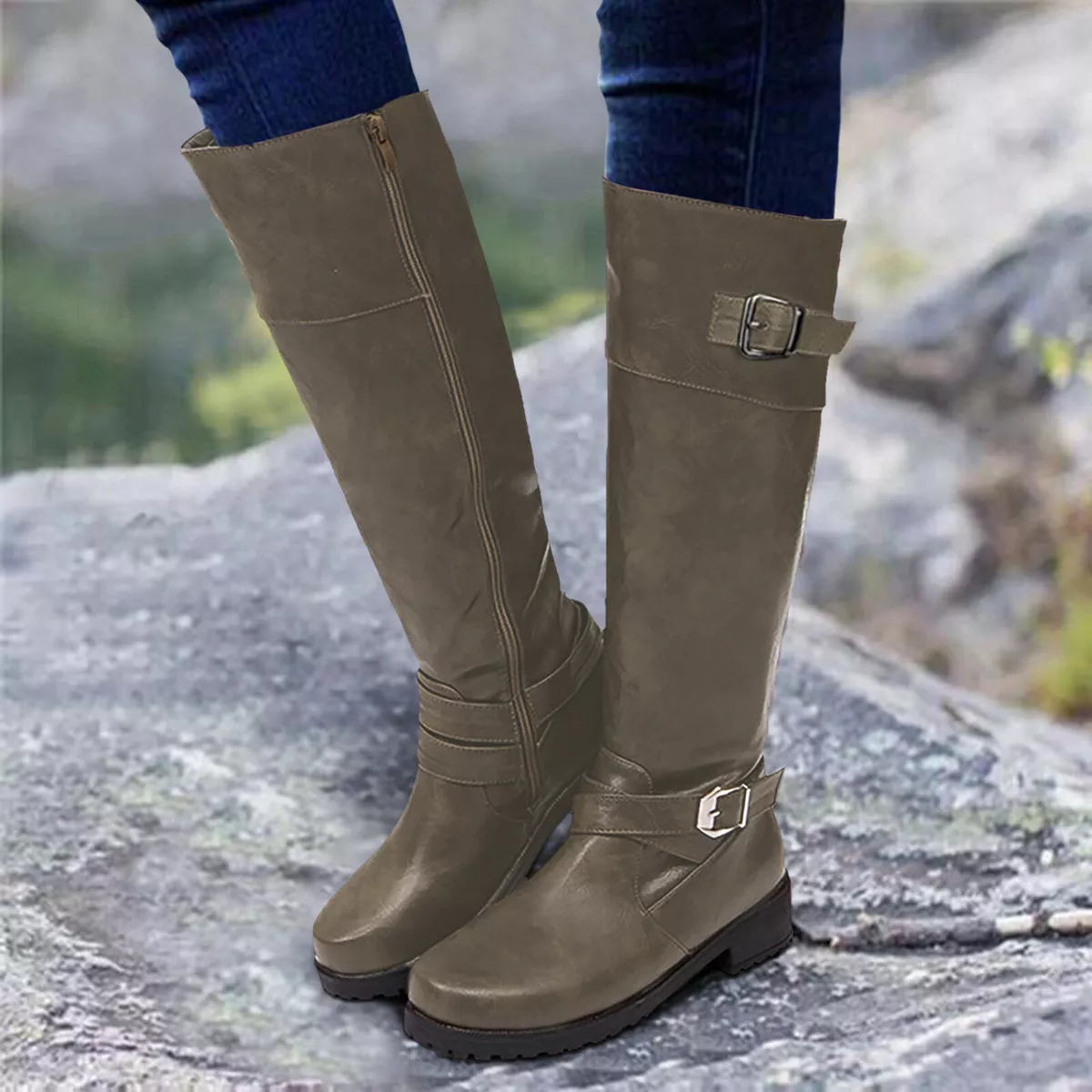 Brown knee high boots flat shop heel