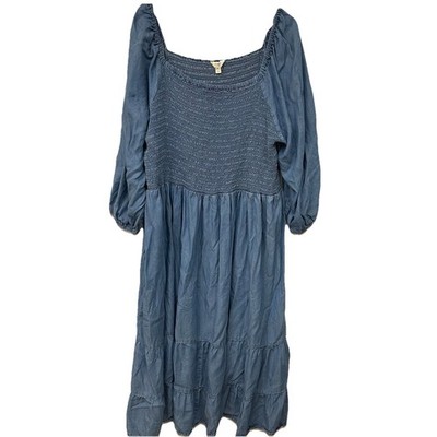 terra and sky denim dress Terra & Sky 4XL Tiered Denim Boho Dress Long Sleeve Smocked Square Neck  Chambray
