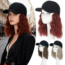 Women Baseball Hat with Hair Short 8" Wave Wavy Bob Wig Cap Fake Wigs as Human