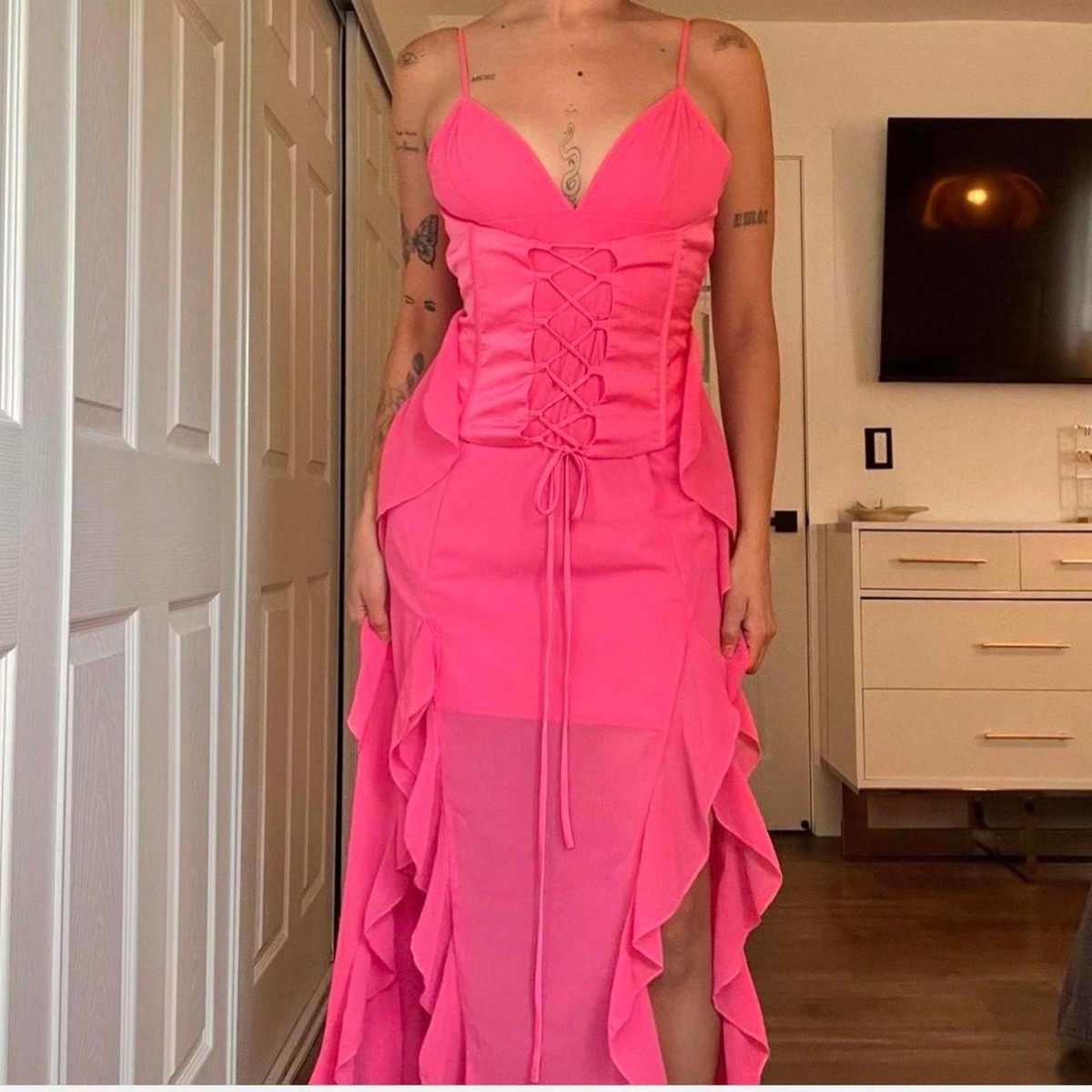 chinese dress ladies Off-the-shoulder lace long midi dress pink S065M090 – RASARIO main image 0