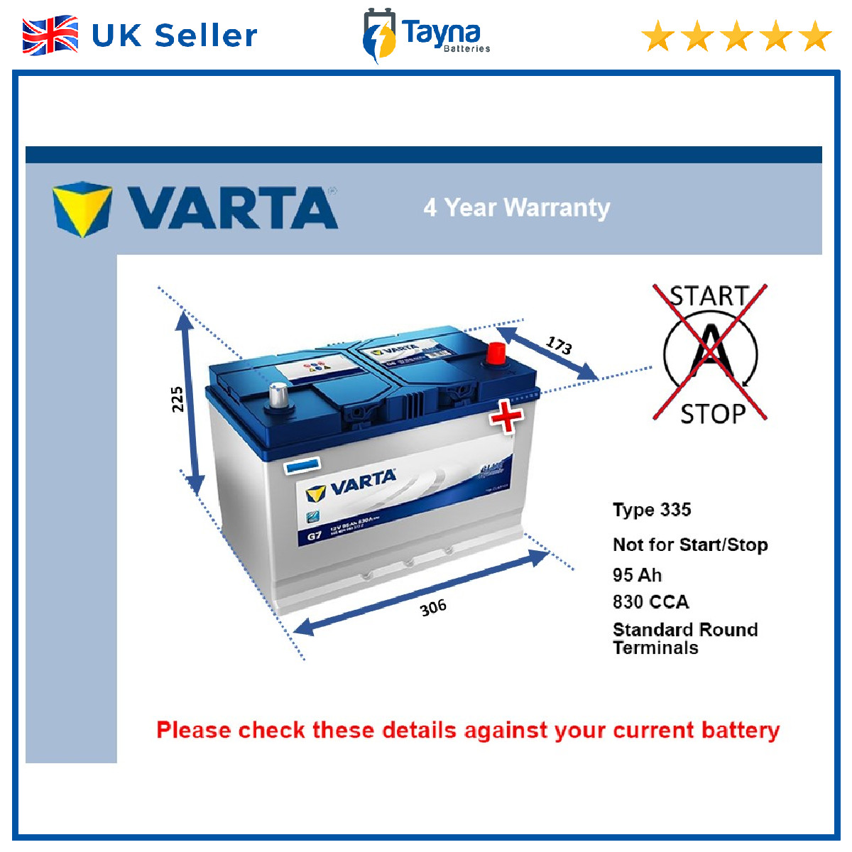 Battery fits SUBARU LEVORG OUTBACK LEGACY IMPREZA 2008 on Varta 249 830A 95Ah
