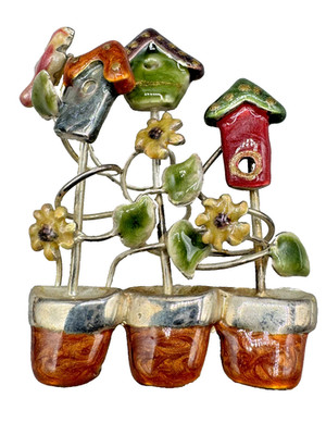 A1-5868 VINTAGE BROOCH SILVER PIN 2'' ENAMEL BIRD HOUSE FLOWER POTS SUNFLOWER