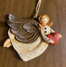 Whimsical Flying Angel Holds Heart Resin Christmas Ornament 3 1/2"