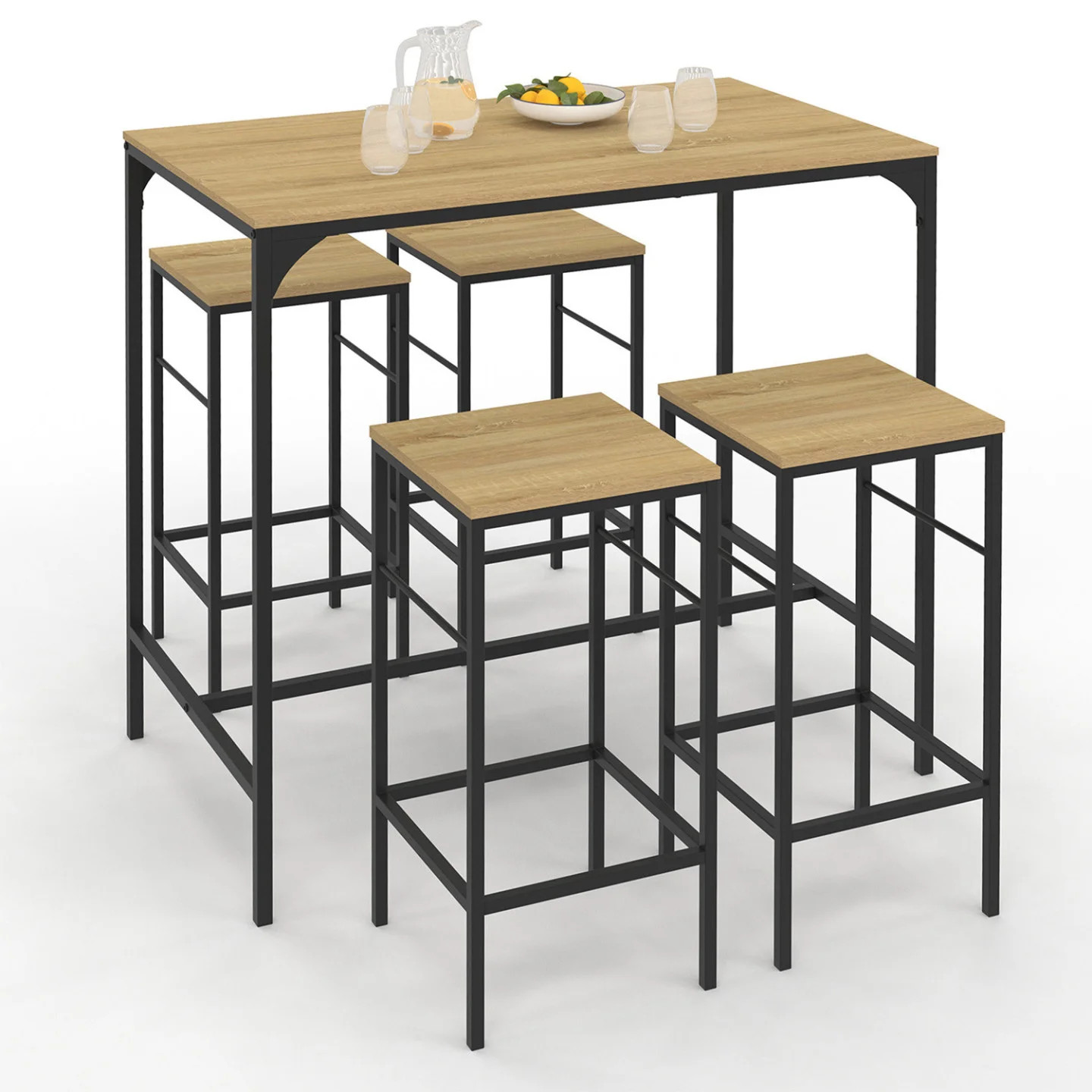 Table de bar 100 cm bois et métal noir DETROIT avec 4 tabourets hauts de cuisine