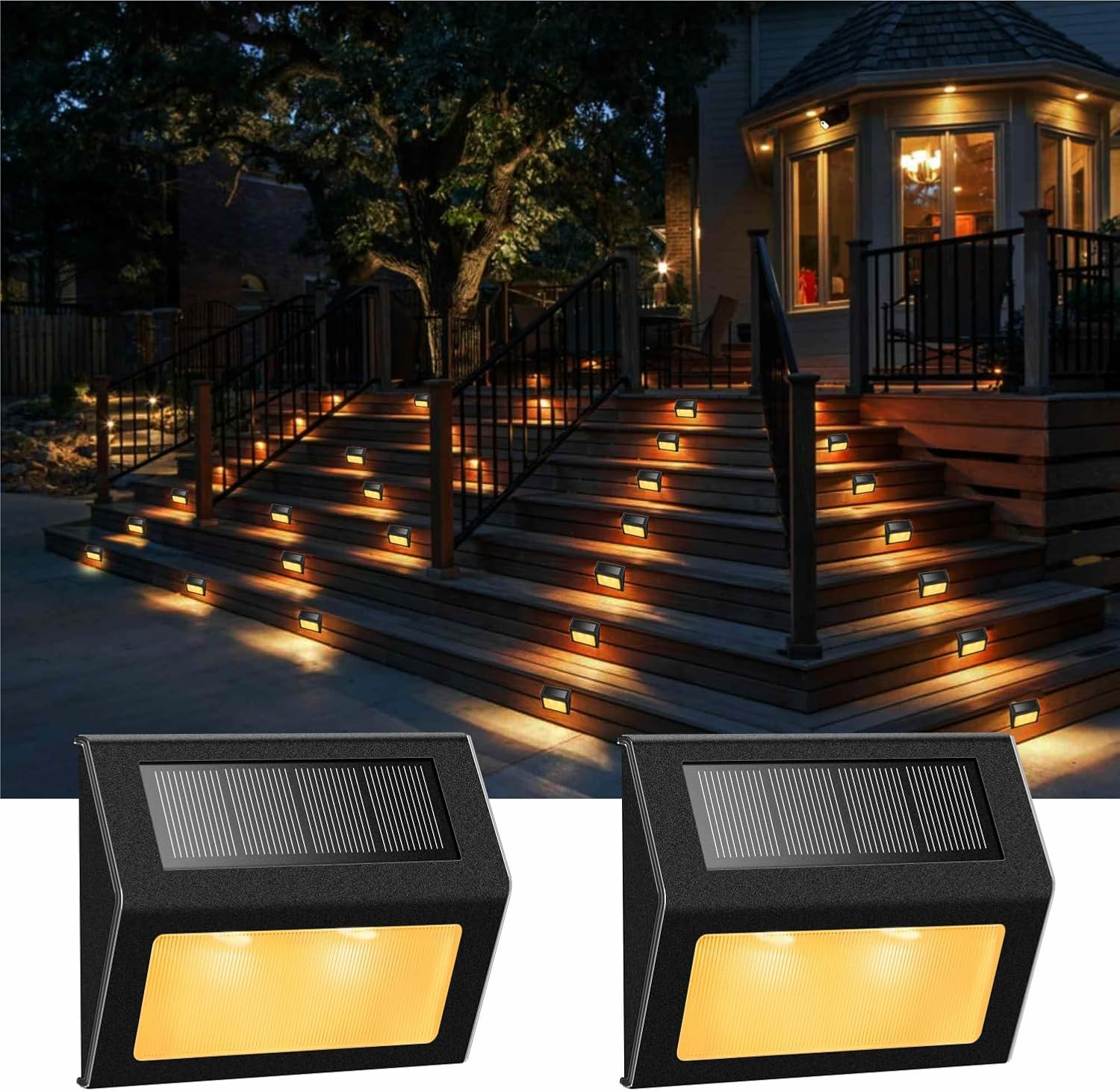 2 Pack Solar Step Lights Warm LED for Decks, Stairs, Fence, Yard – Black Metal