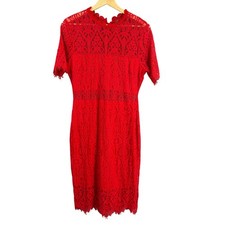 Lulus Red Lace Dress Sheer Waist Short Sleeve Lined Cocktail Party Large