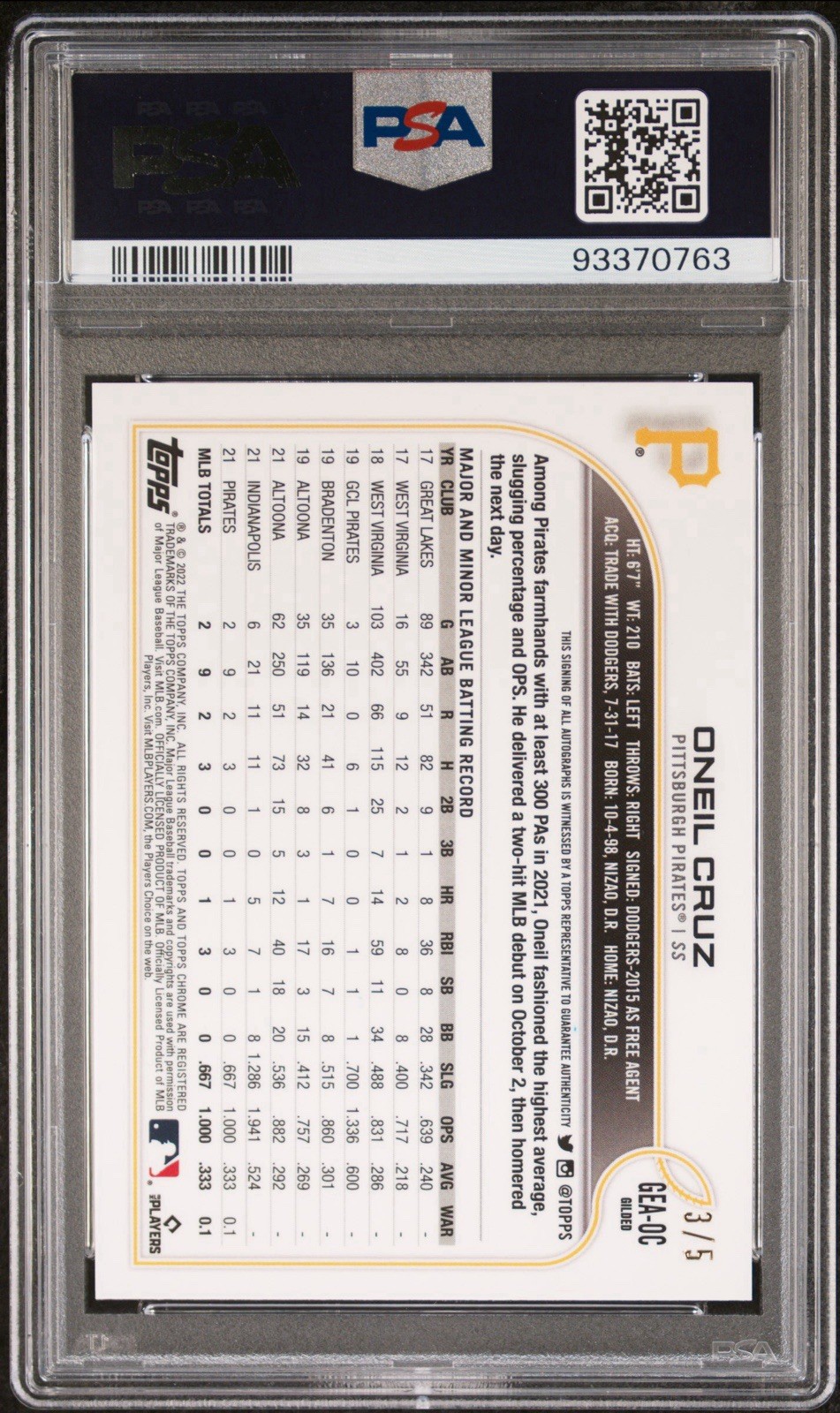 2022 Topps Gilded Oneil Cruz RC Auto /5 Red Gold Etch Pirates Gem Mint PSA 10 view 2