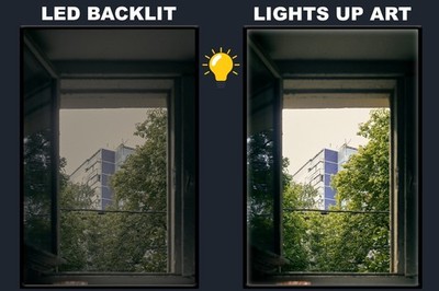 LED Backlit Window View Wall Art Lighted Frame - city building behind trees