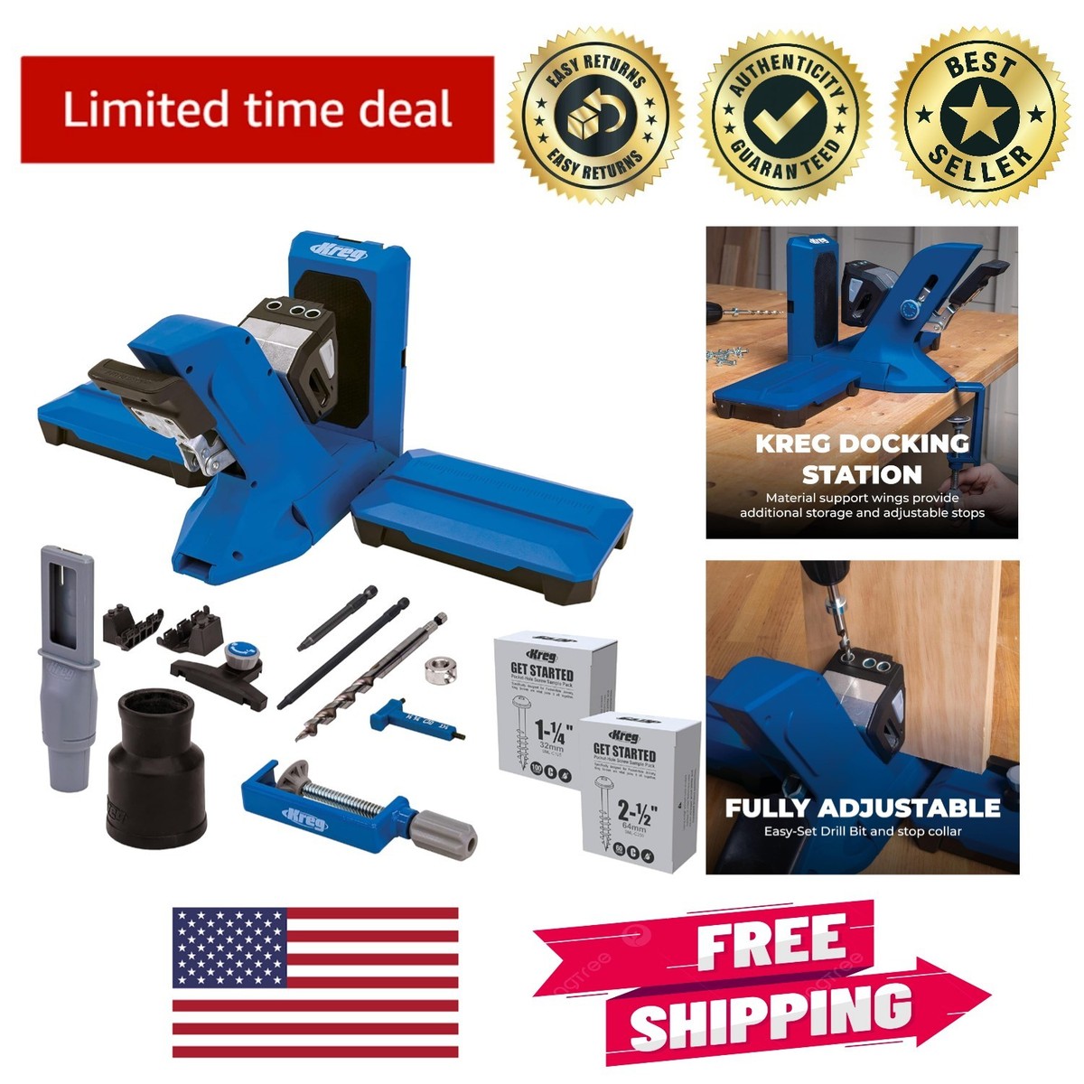 UUMFP Pocket Gat Jig, 15 Graden Houtbewerking Hoek Boor Gids Hoek Gereedschap Kit, 6/8/10MM Inclined Gat Boor Puncher Locator Jig - Blauw 65Pcs