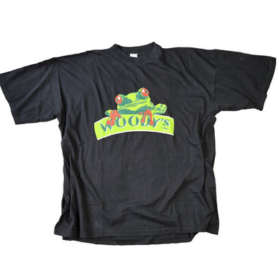 Vintage Woody's Frog Off T-Shirt XL schwarz rotäugig Baumfrosch 90er Grafik selten