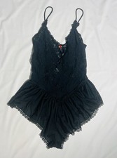 Vintage Victoria's Secret Gold Label Body Lace Lingerie Suit Black Sz L Fringe